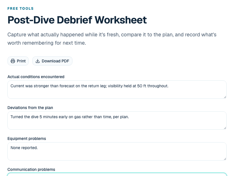 A Dive Backup post-dive debrief worksheet capturing actual conditions and lessons learned